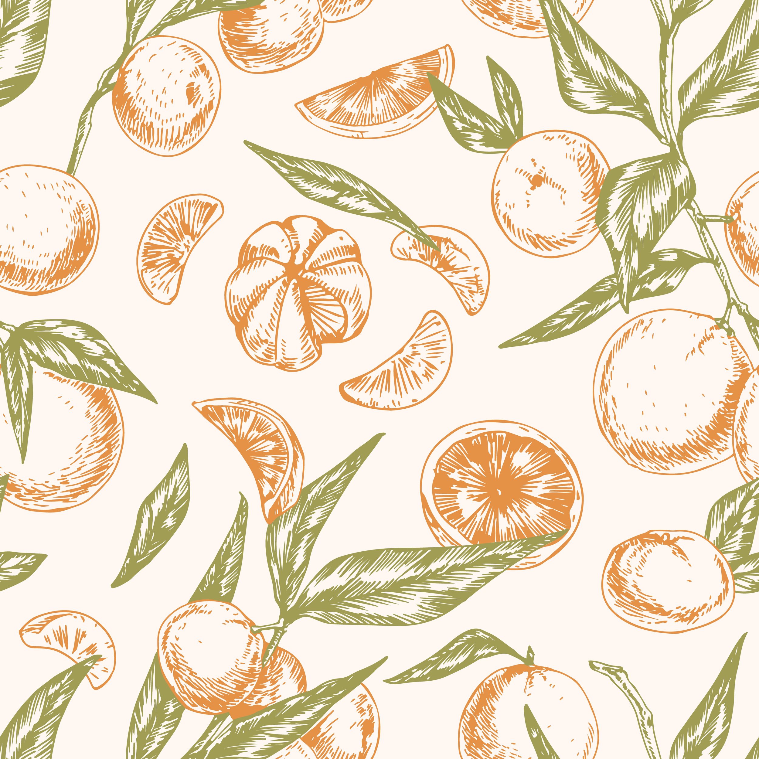 Seamless citrus pattern with whole mandarins, clementine slices, tangerine segments and leaves. Endless repeatable background in retro style. Colored hand-drawn vector illustration for printing